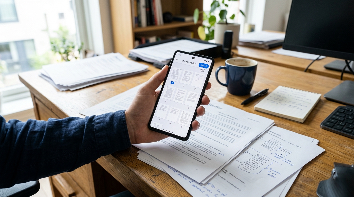 תהליך עבודה נייד עם מסמכים, כמה דפי נייר וטלפון מוכן לסריקה