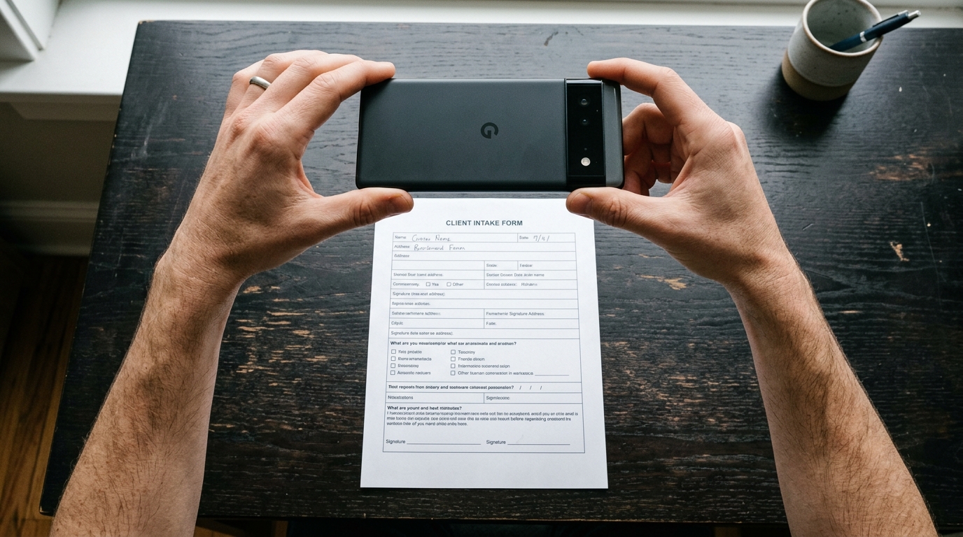 אדם מצלם טופס נייר על שולחן כהה באמצעות סמארטפון