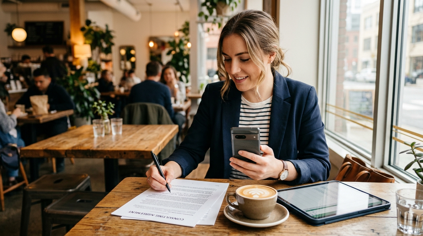 En ung professionel, der sidder ved et lyst cafébord og holder en smartphone, mens vedkommende gennemgår et digitalt dokument