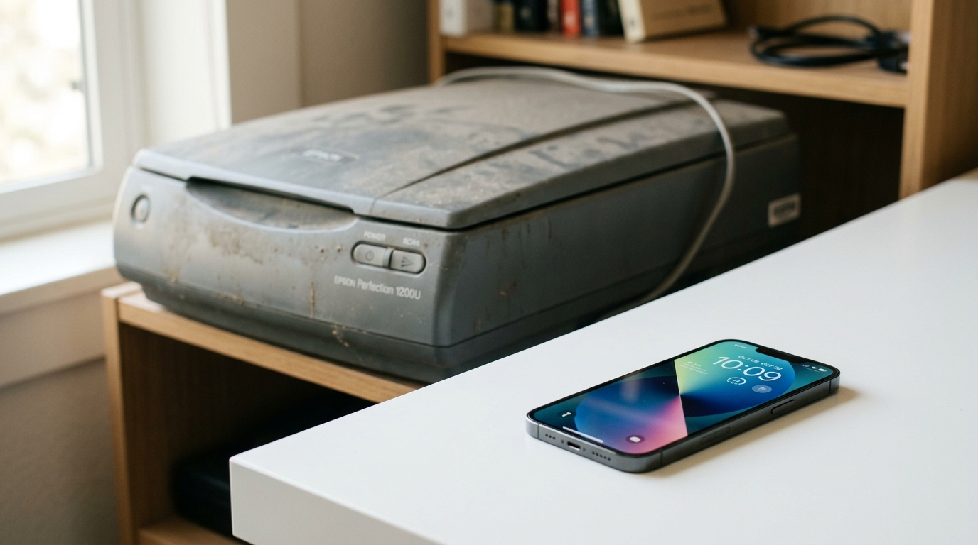 En opdelt komposition, der viser en klodset, gammeldags grå flatbed-scanner over for en mobiltelefon