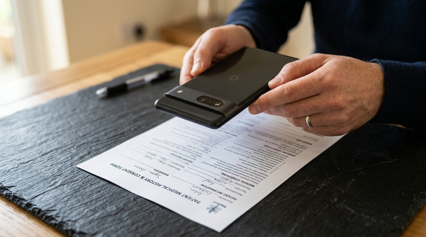 Et nærbillede af en persons hænder, der holder en smartphone over et trykt medicinsk dokument