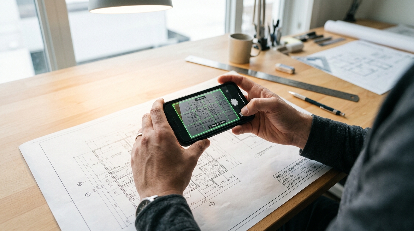 מבט מקרוב על ידיים של אדם האוחזות בסמארטפון מעל מסמך לצורך סריקה