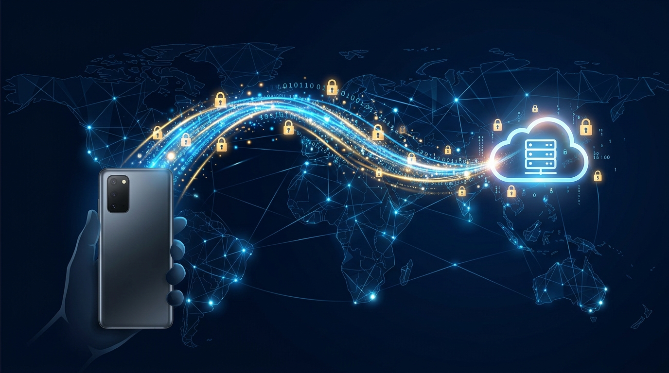 איור דיגיטלי קונספטואלי המציג זרם נתונים זוהר המחבר בין מכשיר נייד לשרת ענן