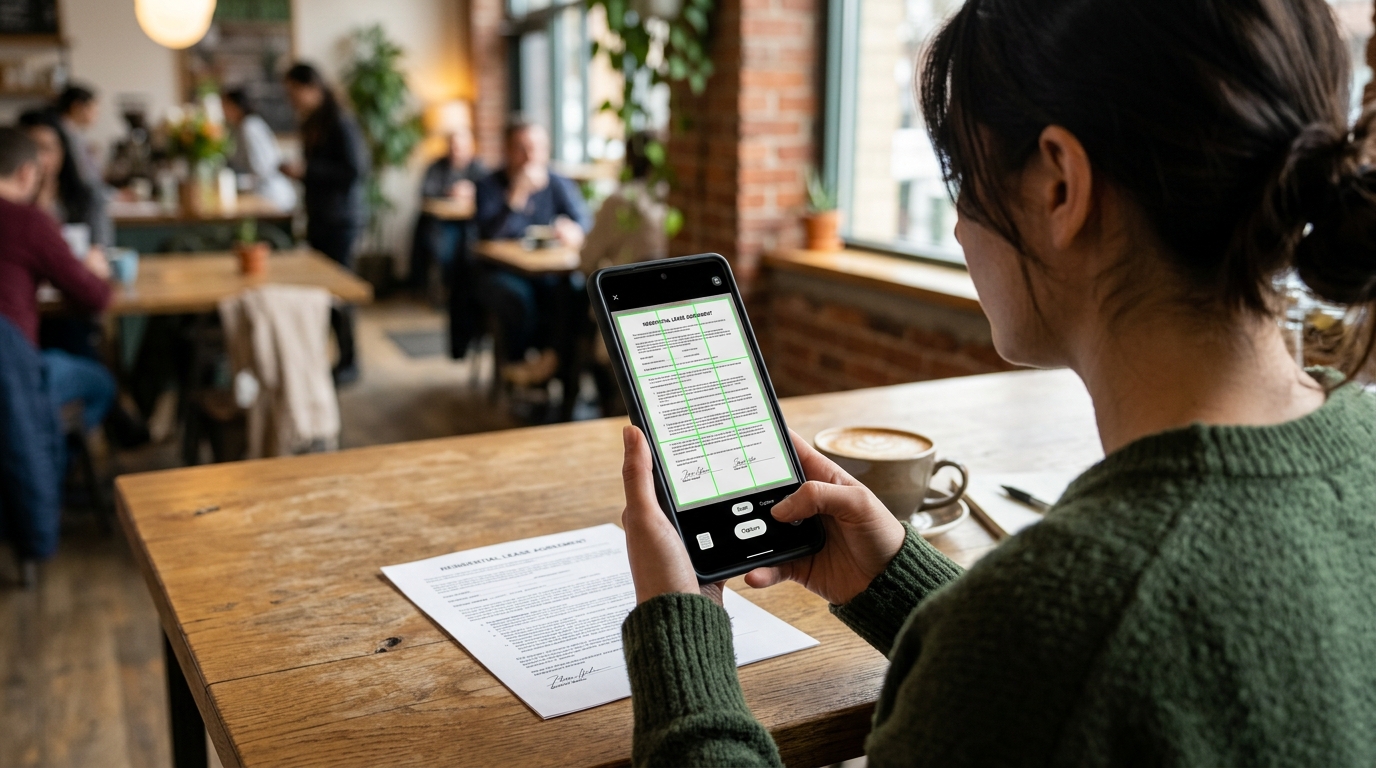 Et nærbillede over skulderen af en person, der sidder i en lys, moderne café...