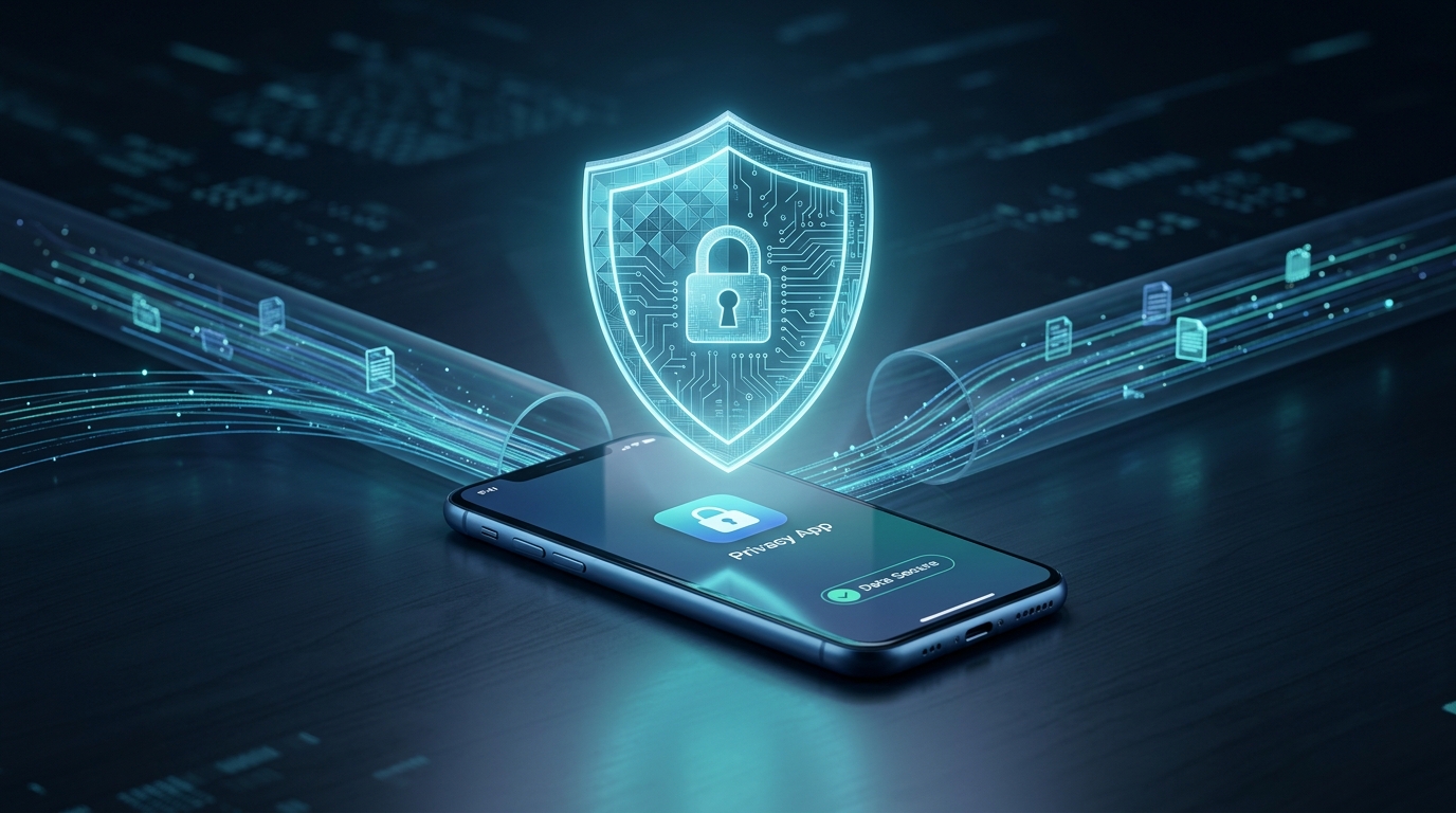 Abstrakt konceptuel visualisering af dataprivatliv i mobile applikationer. Et glødende...