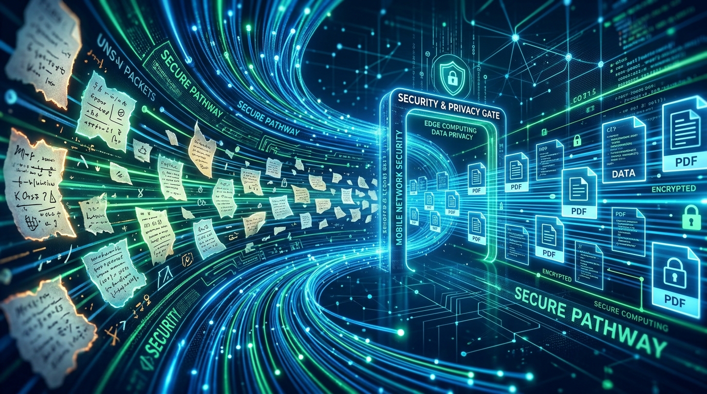 A stylized abstract visualization of mobile network security showing encrypted data transmission.