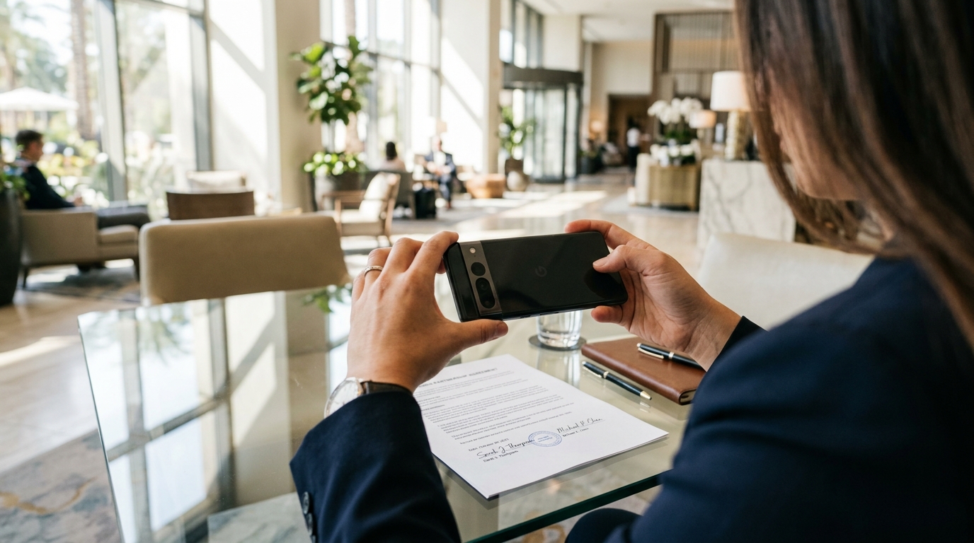 A person using a smartphone to scan a document in a brightly lit modern office.