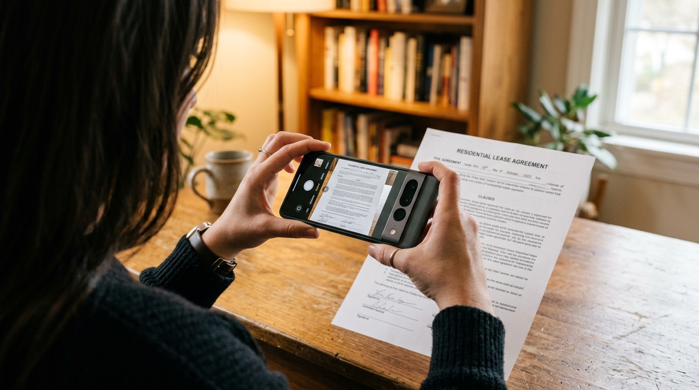 צילום מקרוב מעבר לכתף של אדם האוחז בסמארטפון מעל חוזה משפטי מודפס