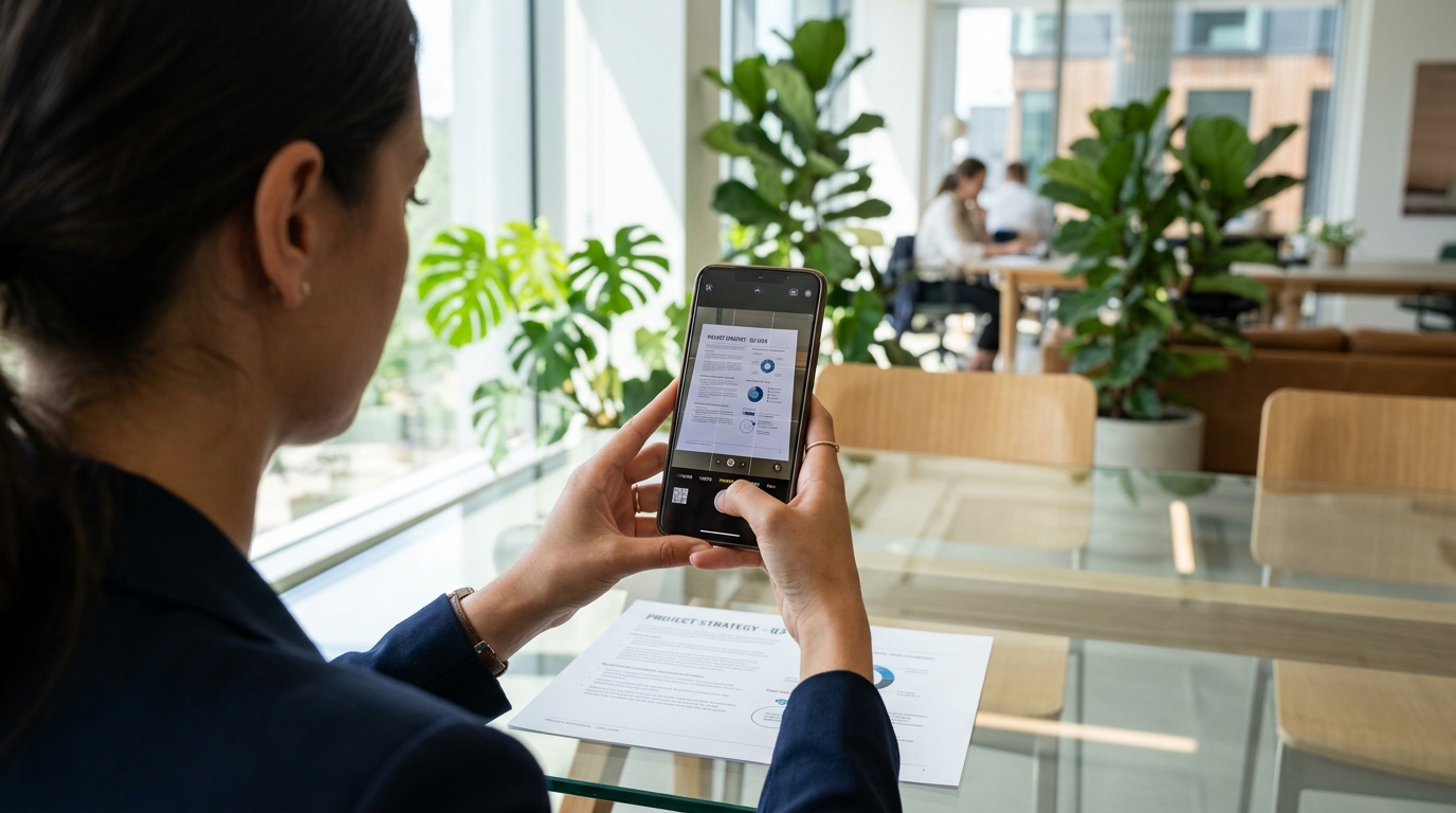 현대적인 사무실 환경에서 스마트폰을 사용하여 문서를 스캔하고 있는 전문가의 모습
