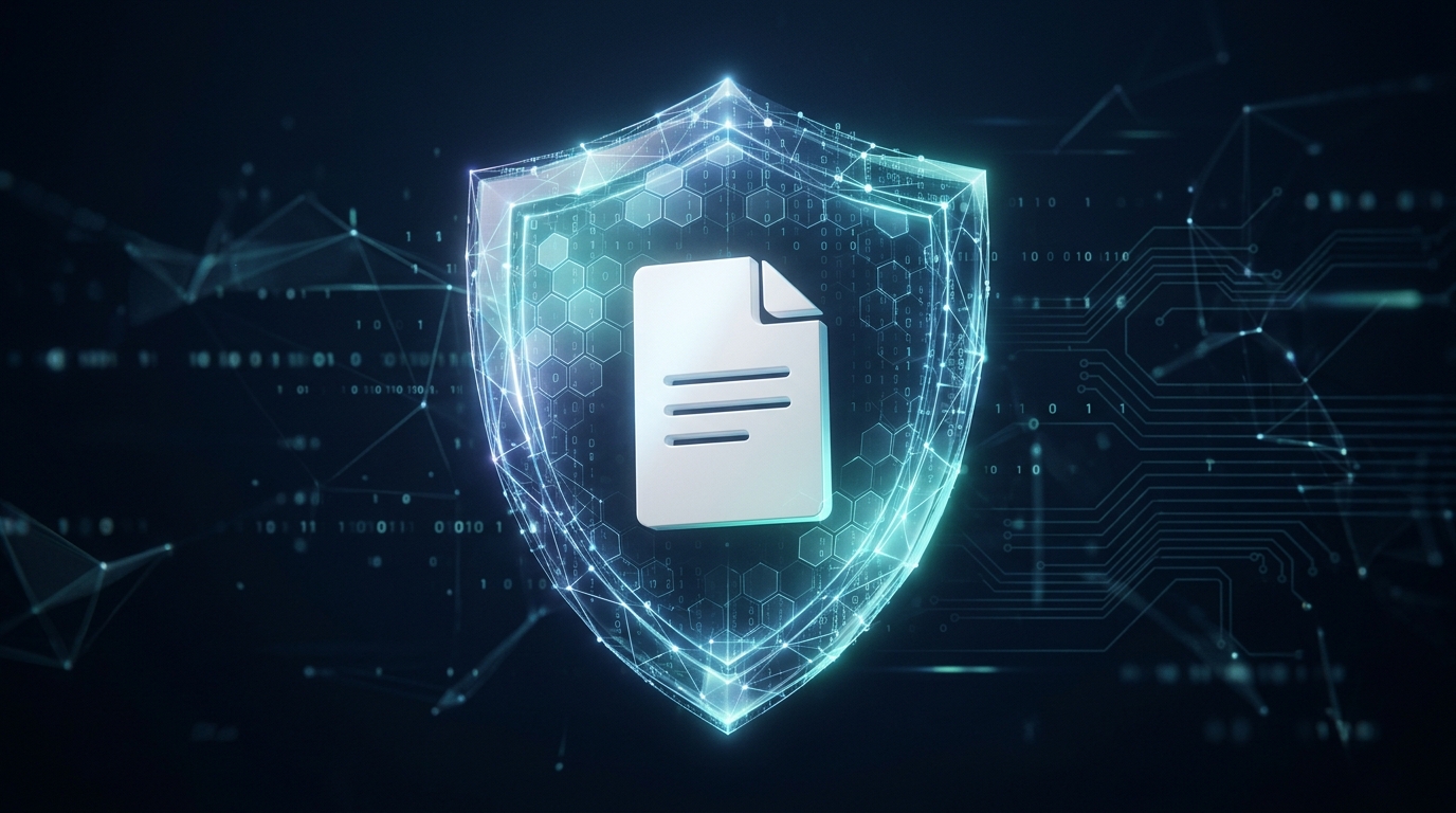 데이터 프라이버시와 문서 보안을 상징하는 예술적인 3D 그래픽