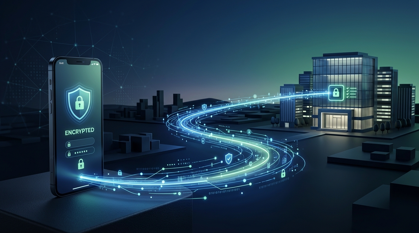 ייצוג ויזואלי של שידור דיגיטלי מאובטח עם אייקון מסמך זוהר.