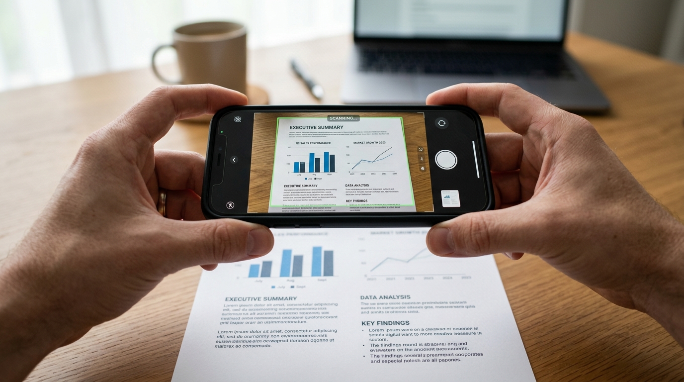 תקריב של ידיים האוחזות בסמארטפון מעל מסמך לבן המכיל טקסט.