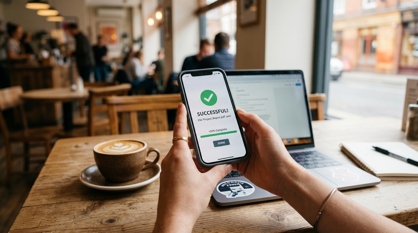 Et par hænder der holder en smartphone i en oplyst café. Skærmen viser en succesfuld filoverførsel.
