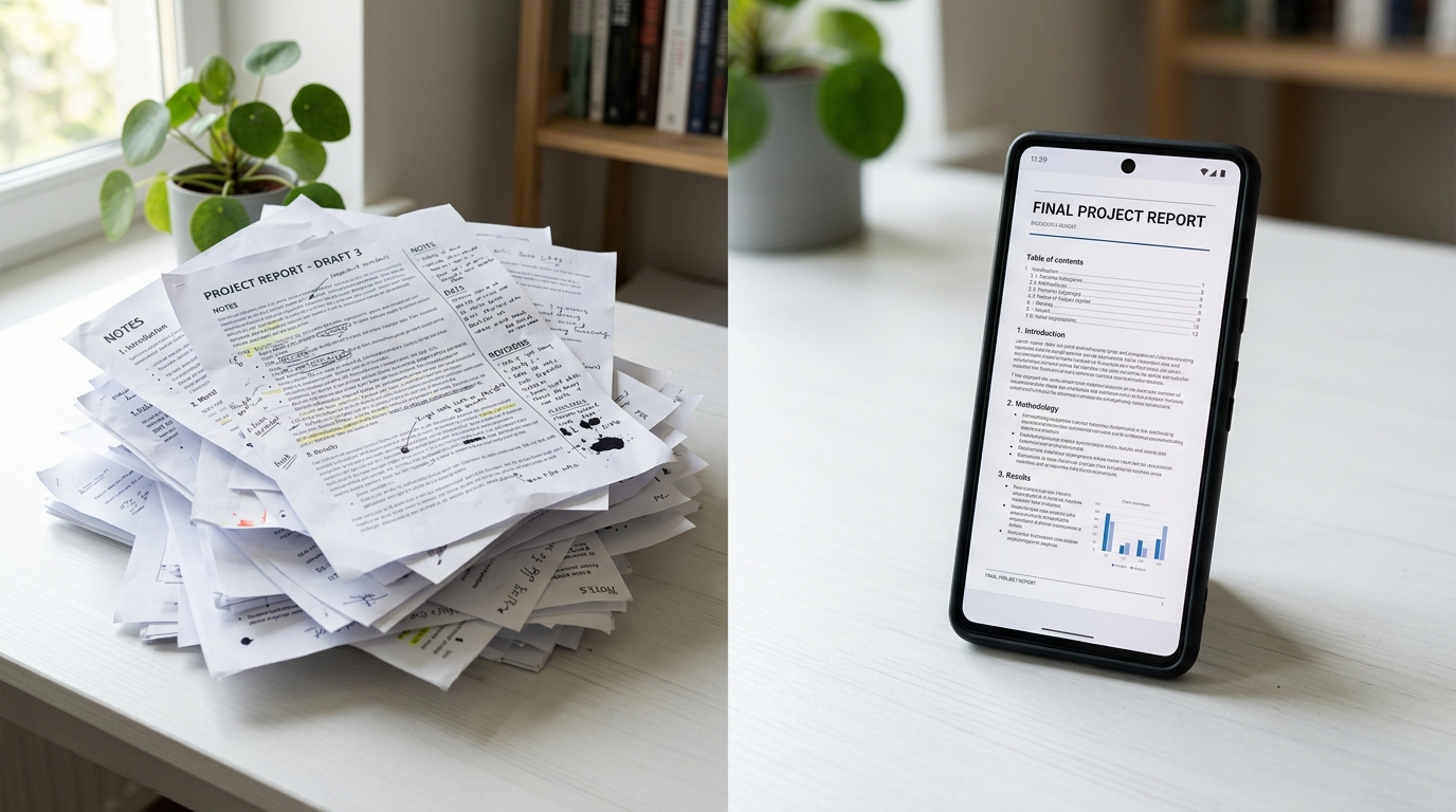 En tæt visuel sammenligning på et rent hvidt skrivebord. Til venstre ses en uorganiseret stak papirer, til højre en smartphone med et skarpt PDF-dokument.