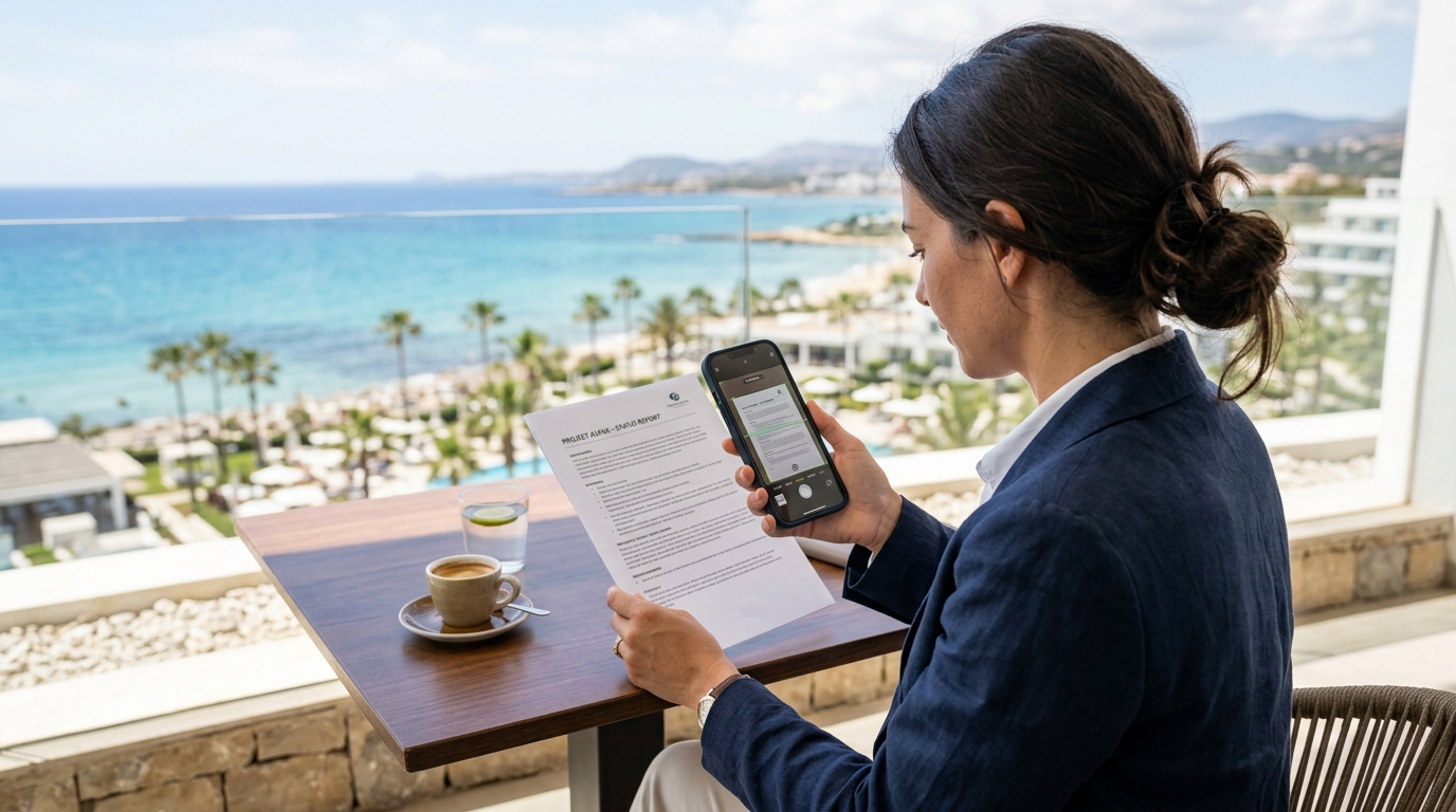 호텔 발코니에서 스마트폰을 사용하여 문서 워크플로우를 원격으로 관리하는 비즈니스 여행객의 어깨 너머 샷...