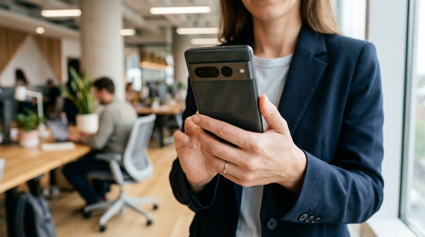 스마트폰을 안전하게 잡고 디지털 문서를 관리하는 사람의 근접 촬영