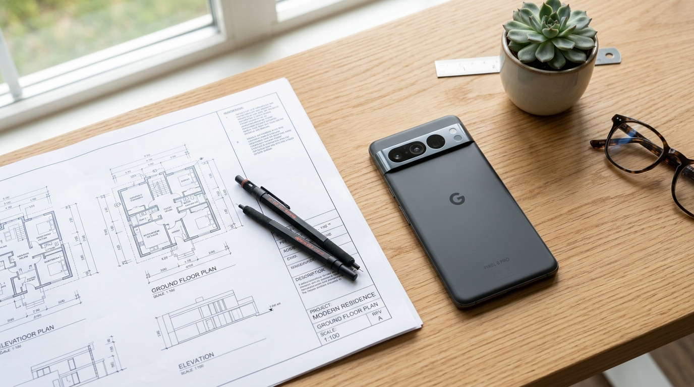 종이 문서 관리에서 디지털로의 전환을 보여주는 깔끔하고 현대적인 플랫레이 구도