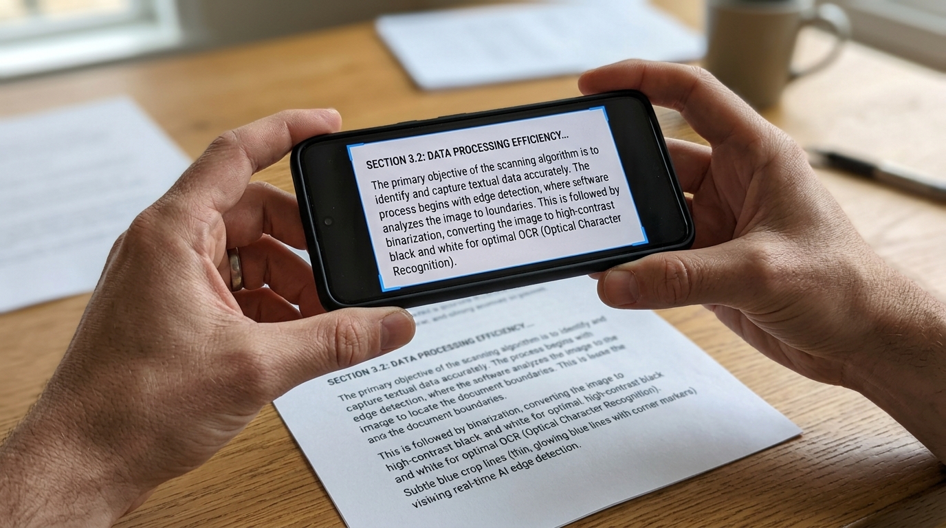 צילום תקריב של ידיים מחזיקות סמארטפון מעל מסמך