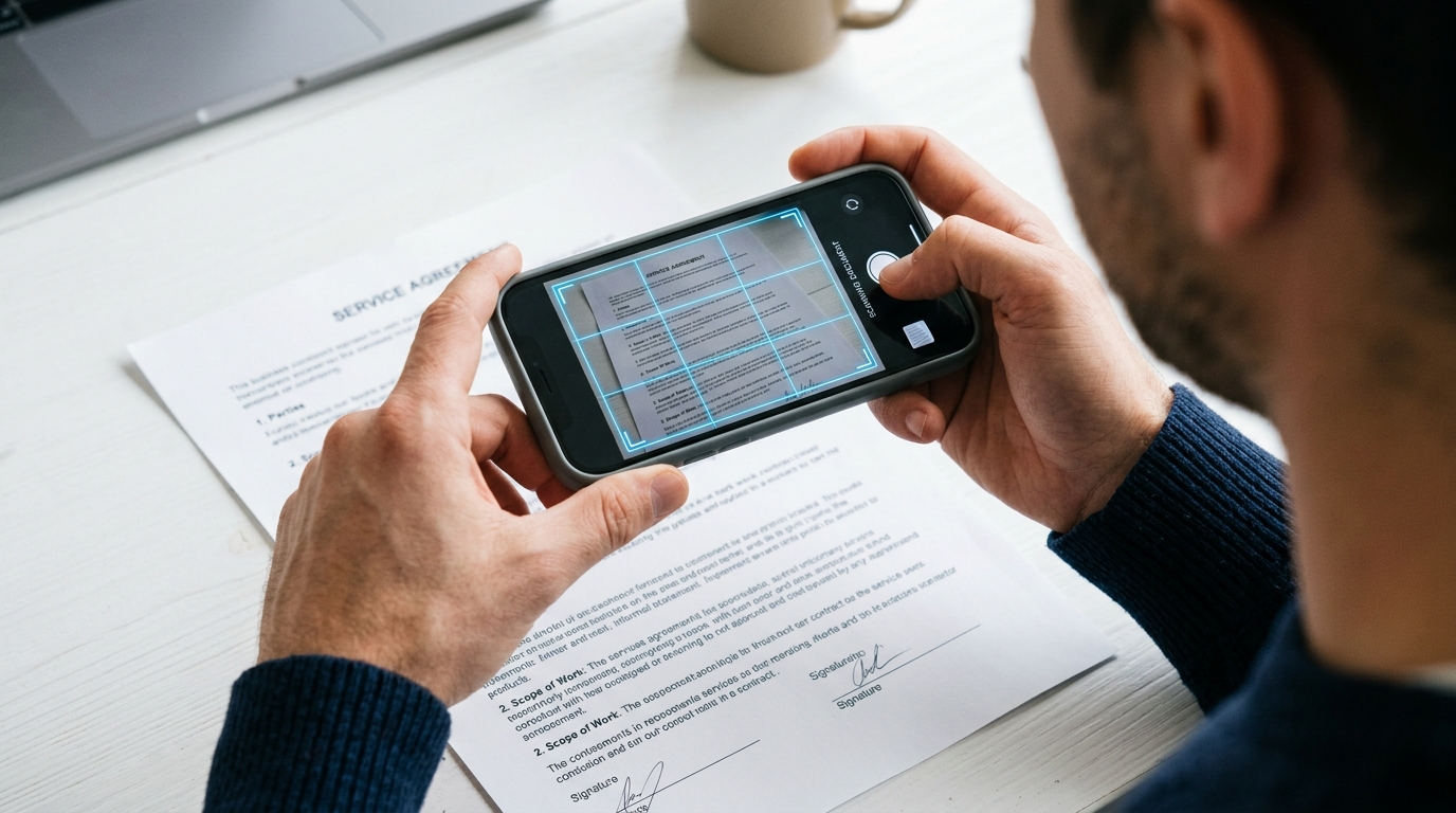 A person using a smartphone to scan a document for mobile faxing.