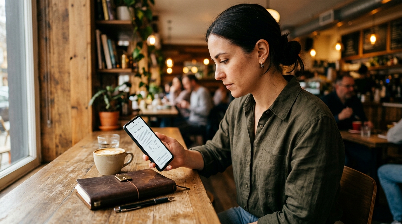 An independent contractor managing digital documents at a cafe.