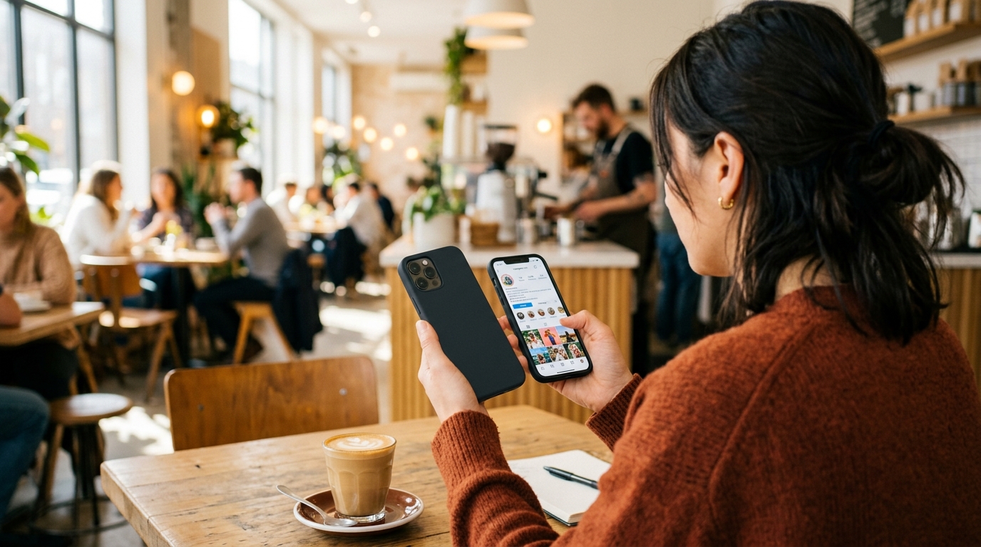 밝고 현대적인 카페에 앉아 스마트폰을 사용 중인 모습