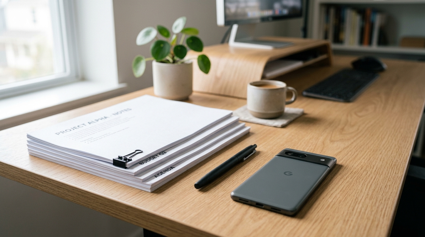 종이 문서와 스마트폰이 놓인 깔끔하게 정리된 책상