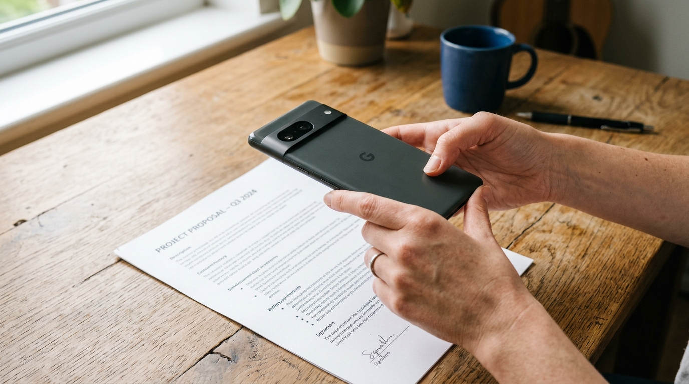 Close-up of a person's hands holding a smartphone over a paper document on a woo...