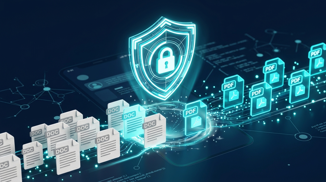 Una visualización abstracta de la seguridad de documentos digitales y el cifrado móvil.