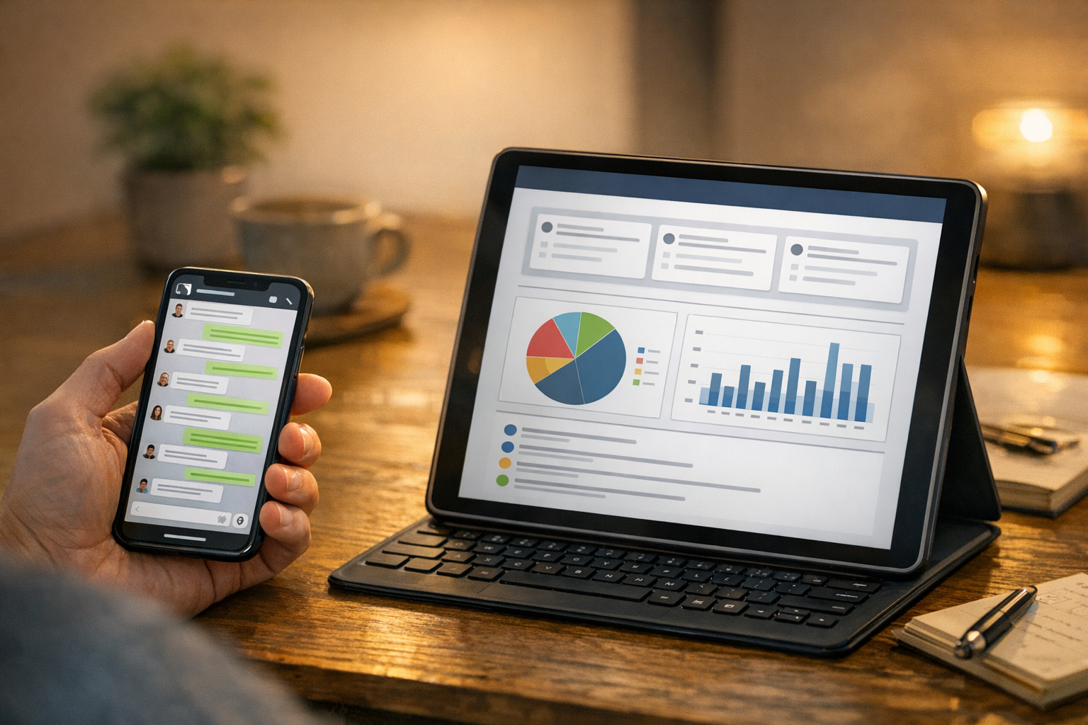 A natural scene of a user comparing a busy messaging thread on a smartphone with...