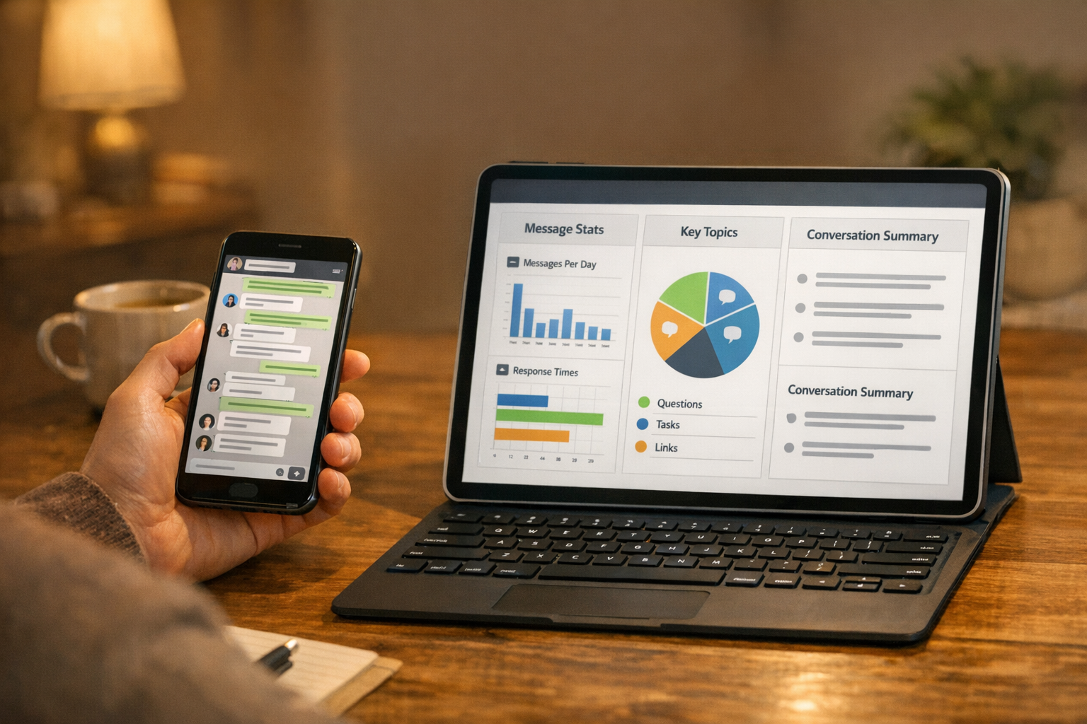 En naturlig scene, hvor en bruger sammenligner en travl beskedtråd på en smartph...