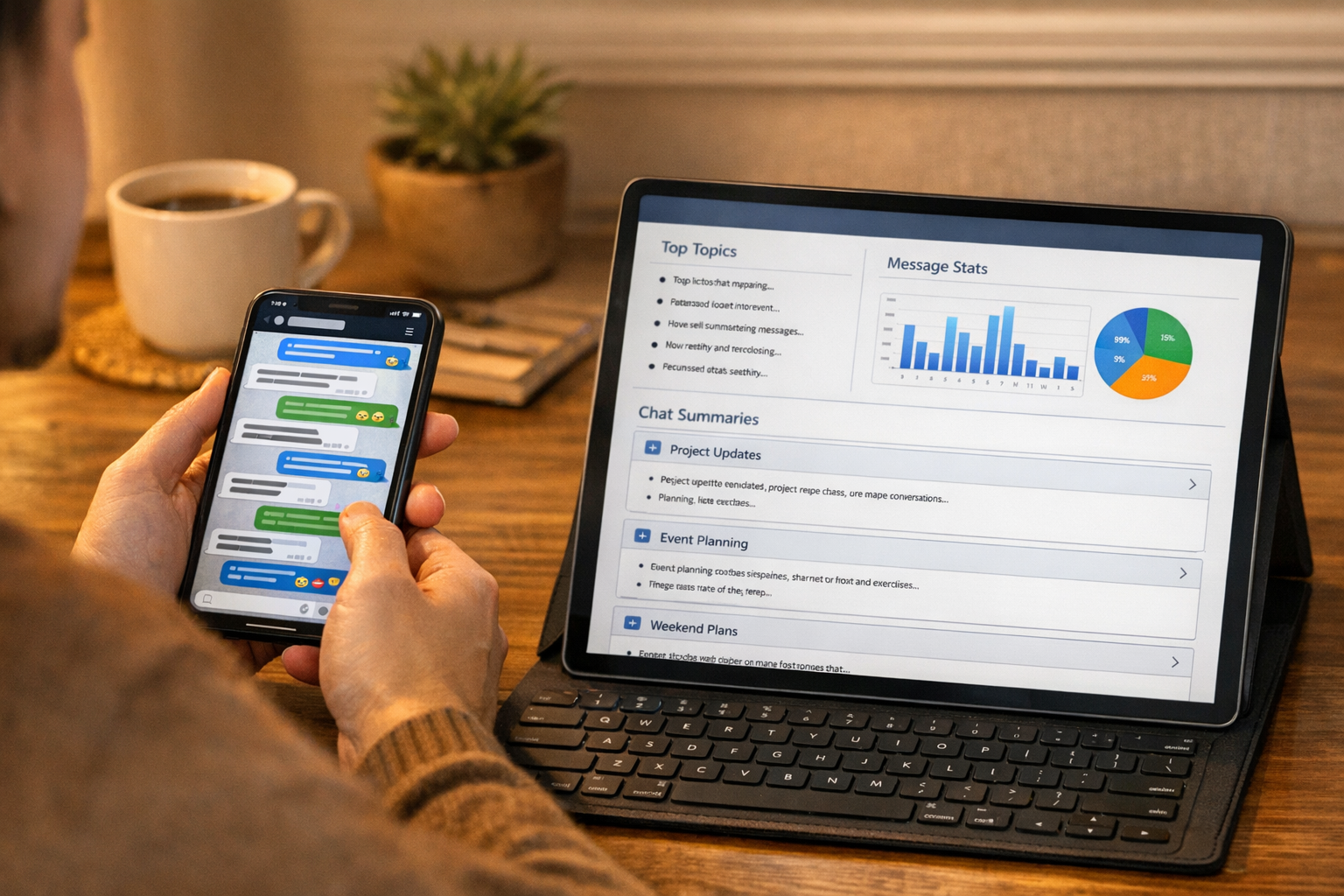 Adegan alami seorang pengguna membandingkan thread pesan yang ramai di smartphon...