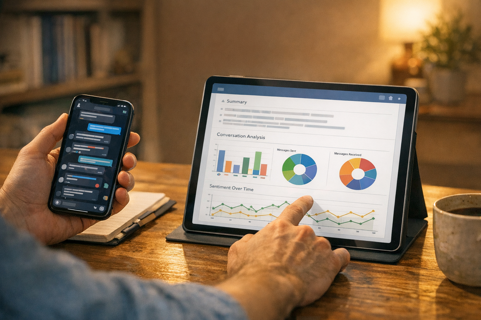 Naturalna scena, w której użytkownik porównuje intensywny wątek wiadomości na sm...