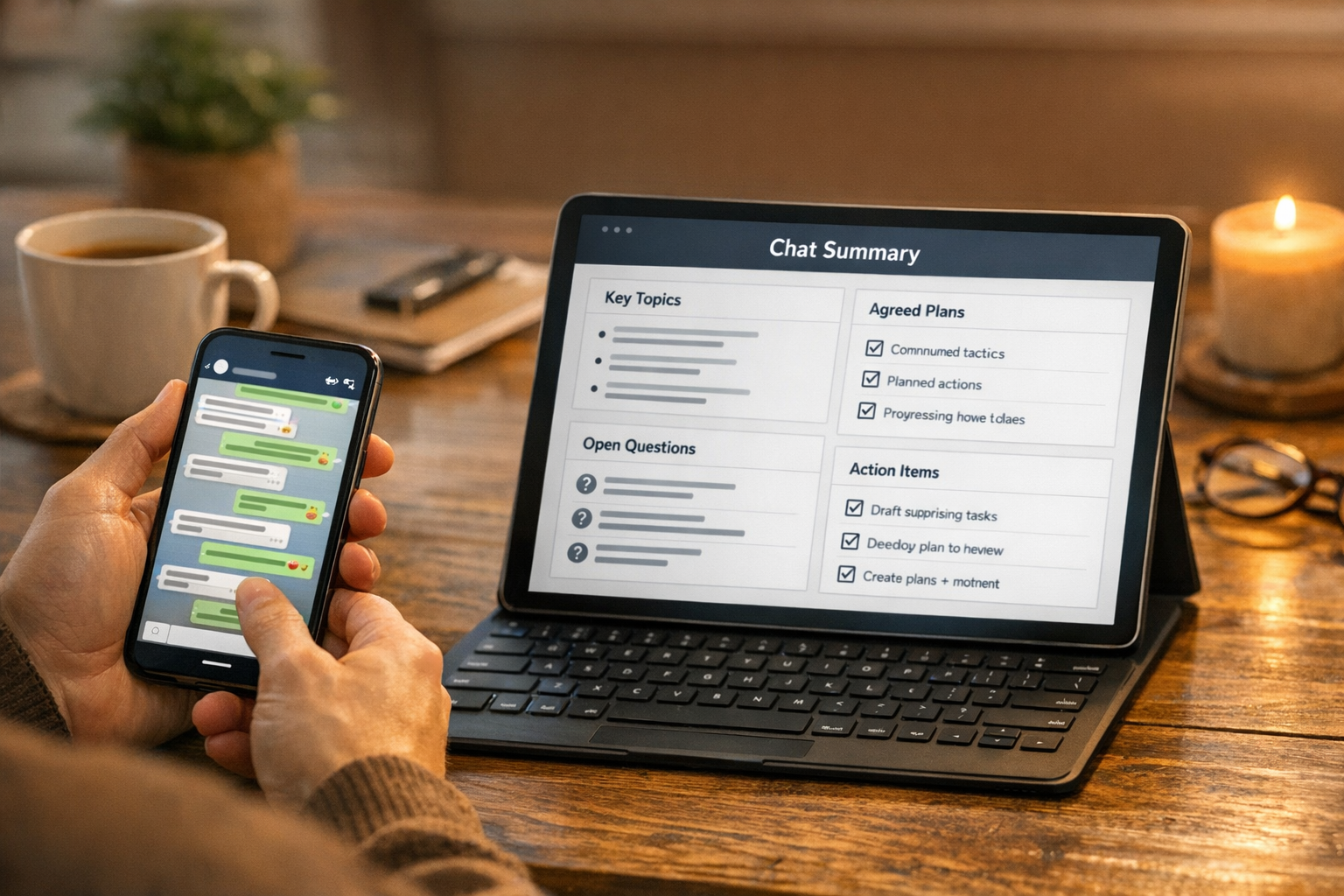Eine natürliche Szene, in der ein Nutzer einen lebhaften Nachrichtenverlauf auf ...