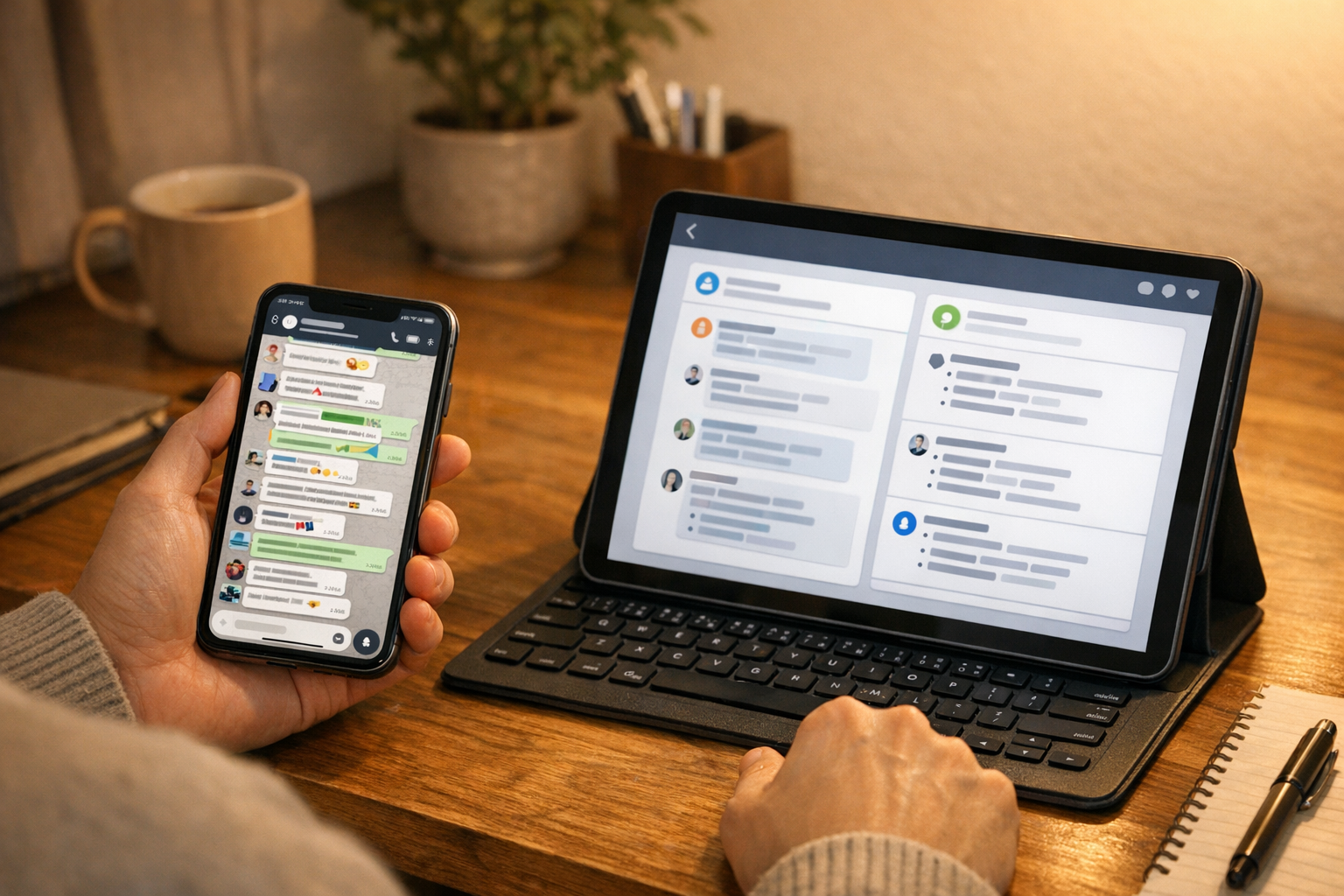 一个自然生活化场景：用户正在对比手机上繁忙杂乱的聊天线程，与平板或笔记本上整理清晰的聊天摘要；室内暖色灯光，真实但不含品牌标志的界面风格，突出清晰度、分析感和对...