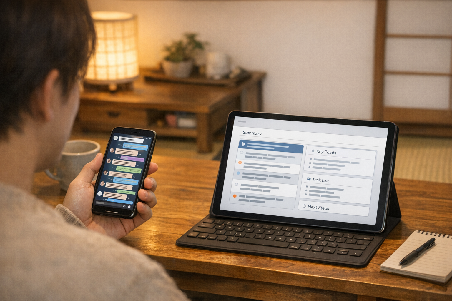 スマートフォン上の忙しいメッセージスレッドと、タブレットまたはノートパソコン上の整理されたチャット要約を見比べている自然な場面。暖かい室内照明、日本らしい生活空...
