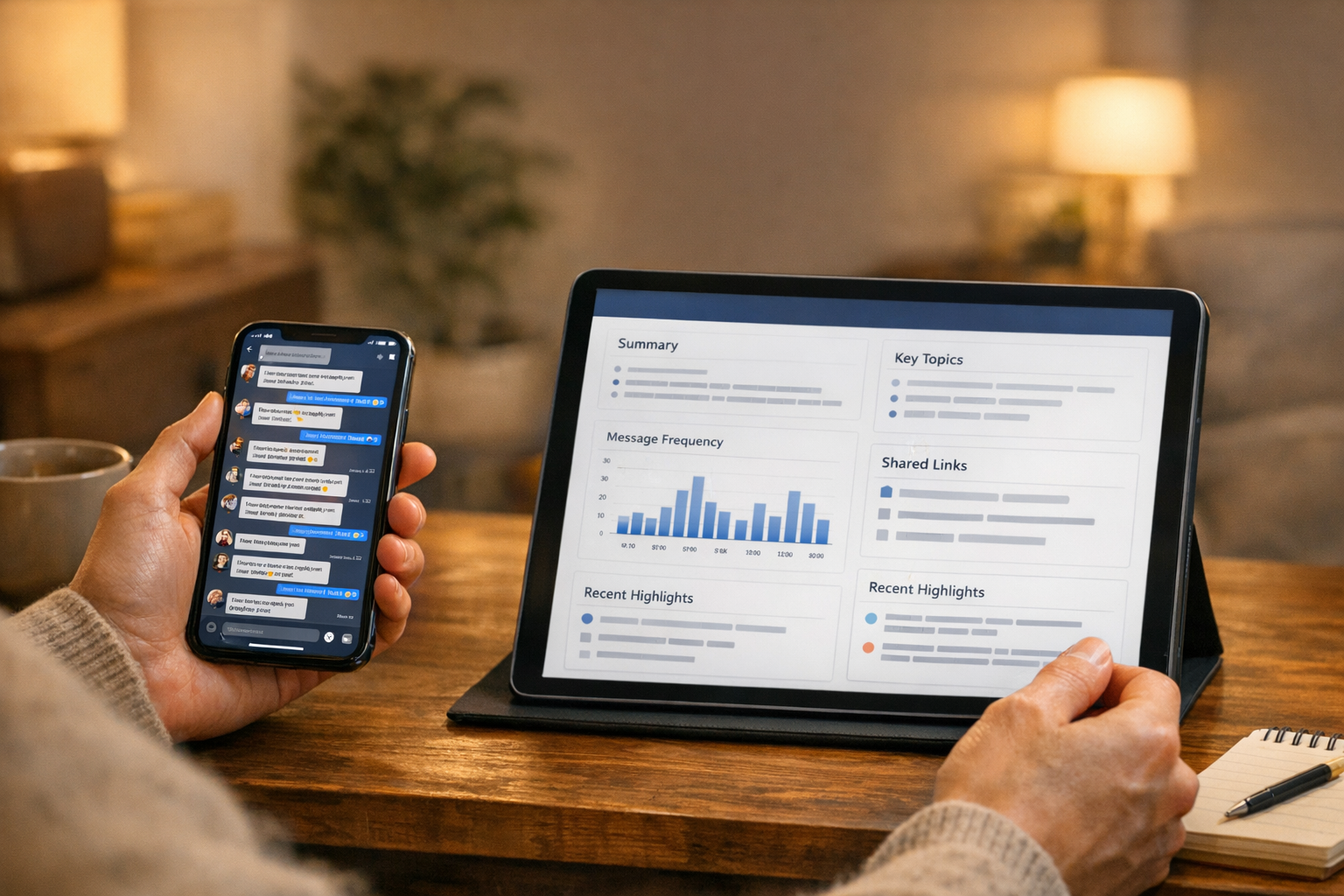 스마트폰의 바쁜 메시지 스레드와 태블릿 또는 노트북의 깔끔하게 정리된 채팅 요약을 비교하는 사용자의 자연스러운 장면, 따뜻한 실내 조명, 브랜드...