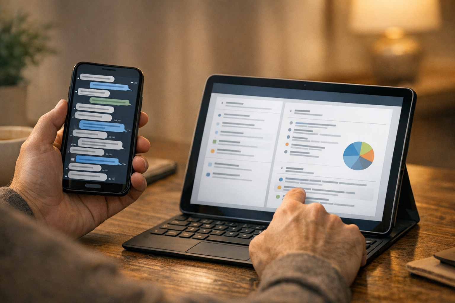 مشهد طبيعي لمستخدم يقارن بين سلسلة رسائل مزدحمة على هاتف ذكي وملخص دردشة منظم بد...