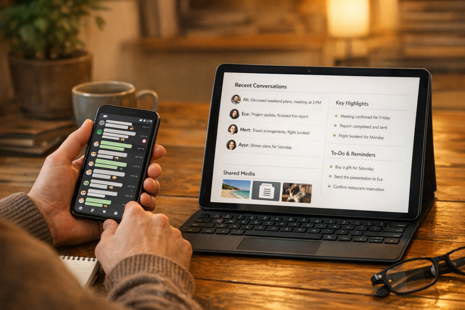 Bir kullanıcının akıllı telefondaki yoğun mesaj akışını tablette veya dizüstü bi...