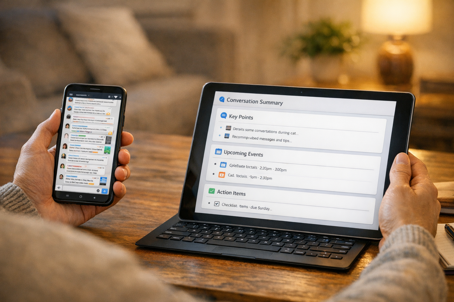 Természetes beltéri jelenet, ahol egy felhasználó egy zsúfolt üzenetfolyamot has...