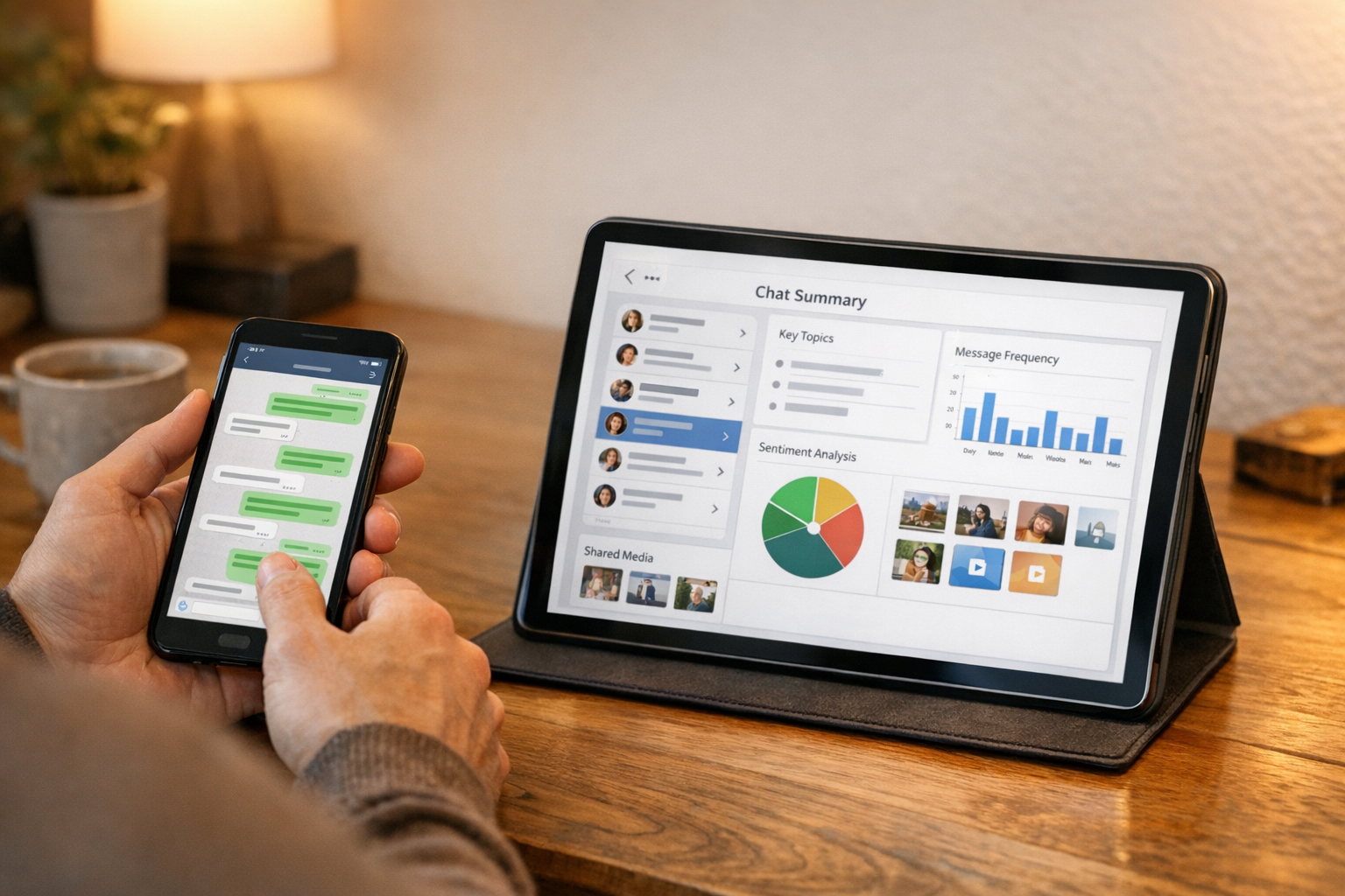 Естественная сцена: пользователь сравнивает загруженную переписку на смартфоне с...