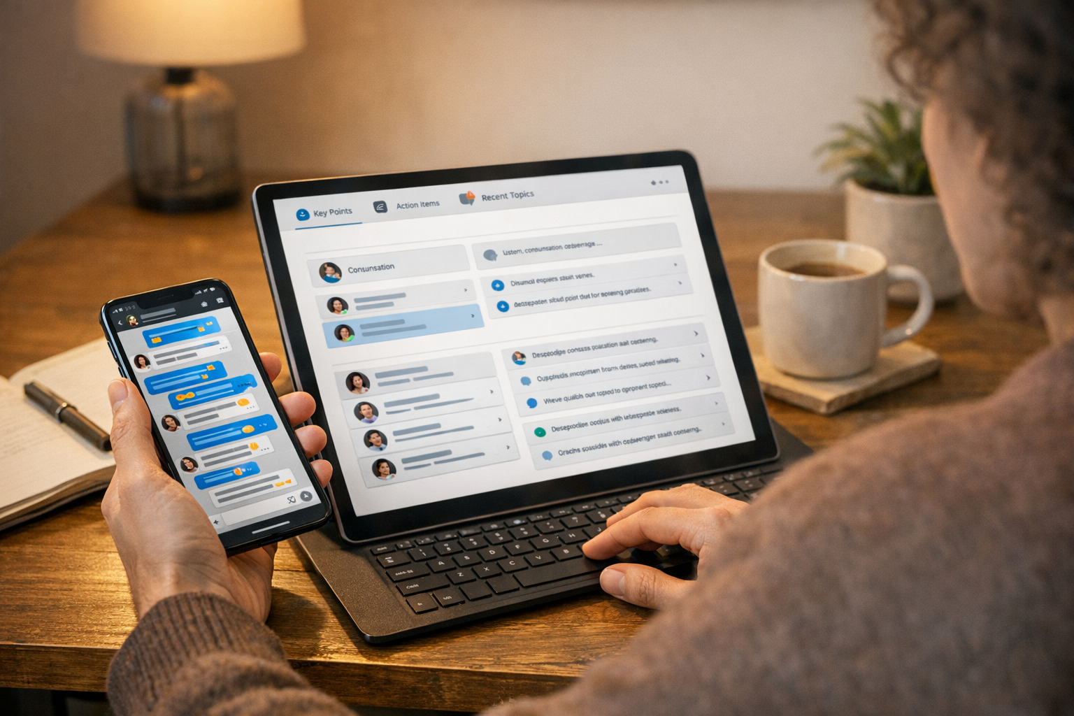 Una escena natural de una persona comparando un hilo de mensajes muy activo en u...