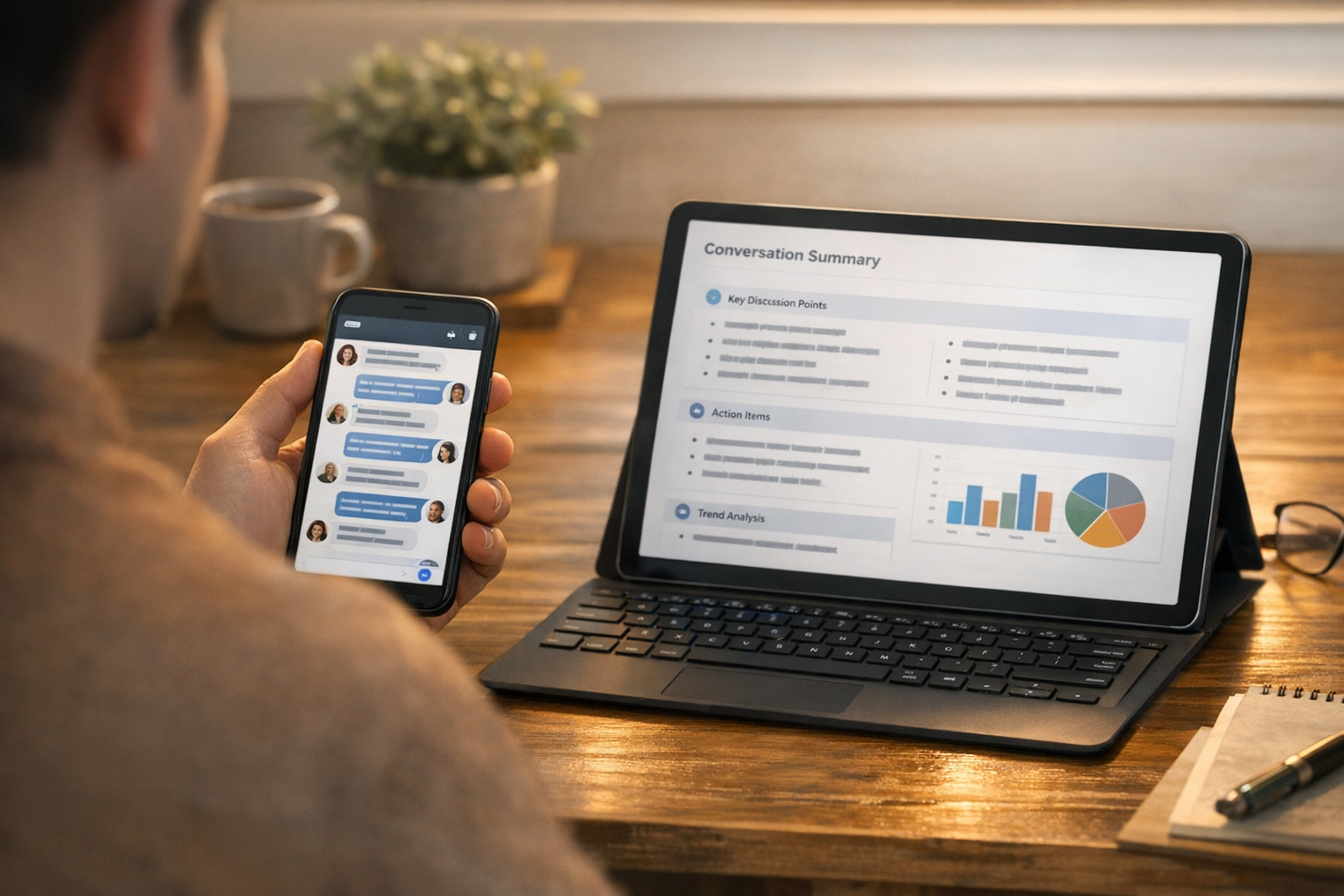 Une scène naturelle montrant un utilisateur comparant un fil de messages chargé ...
