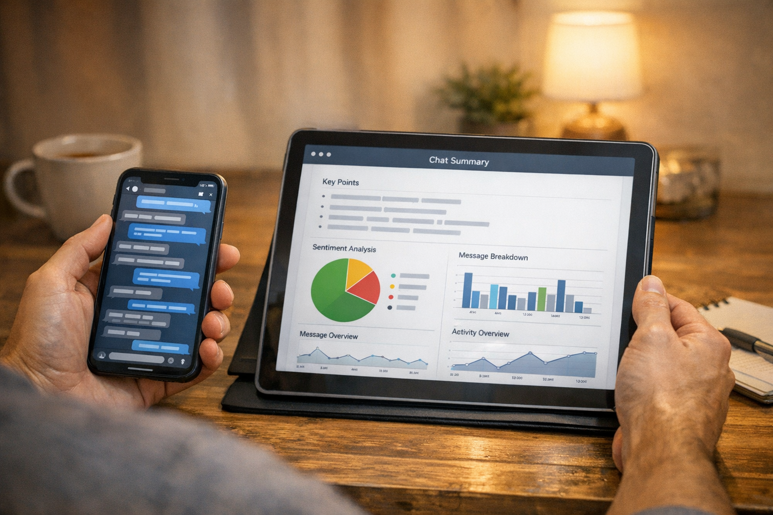 סצנה טבעית של משתמש שמשווה בין שרשור הודעות עמוס בסמארטפון לבין סיכום צ'אט מסודר...