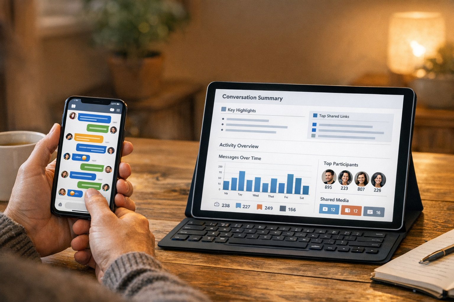 En naturlig scen där en användare jämför en livlig meddelandetråd på en smartpho...