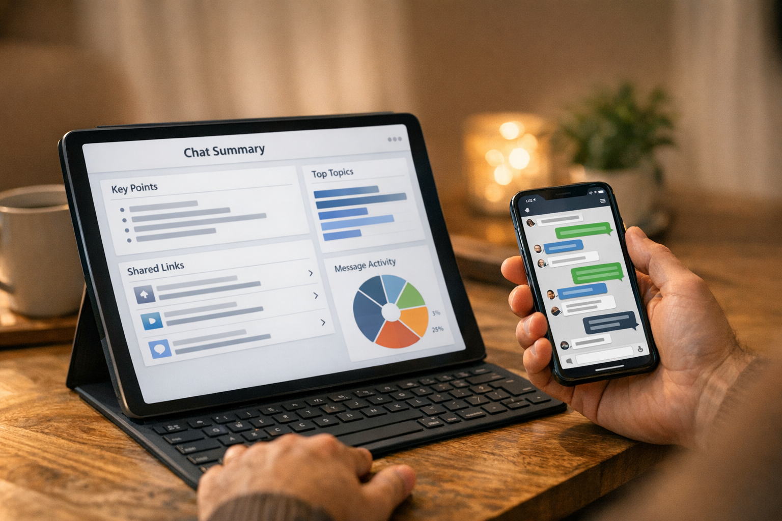 Uma cena natural de um usuário comparando uma conversa movimentada de mensagens ...