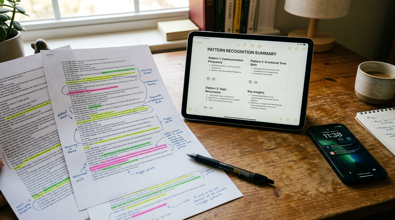 Realistic close-up of a desk with printed conversation pages, highlighted notes,...
