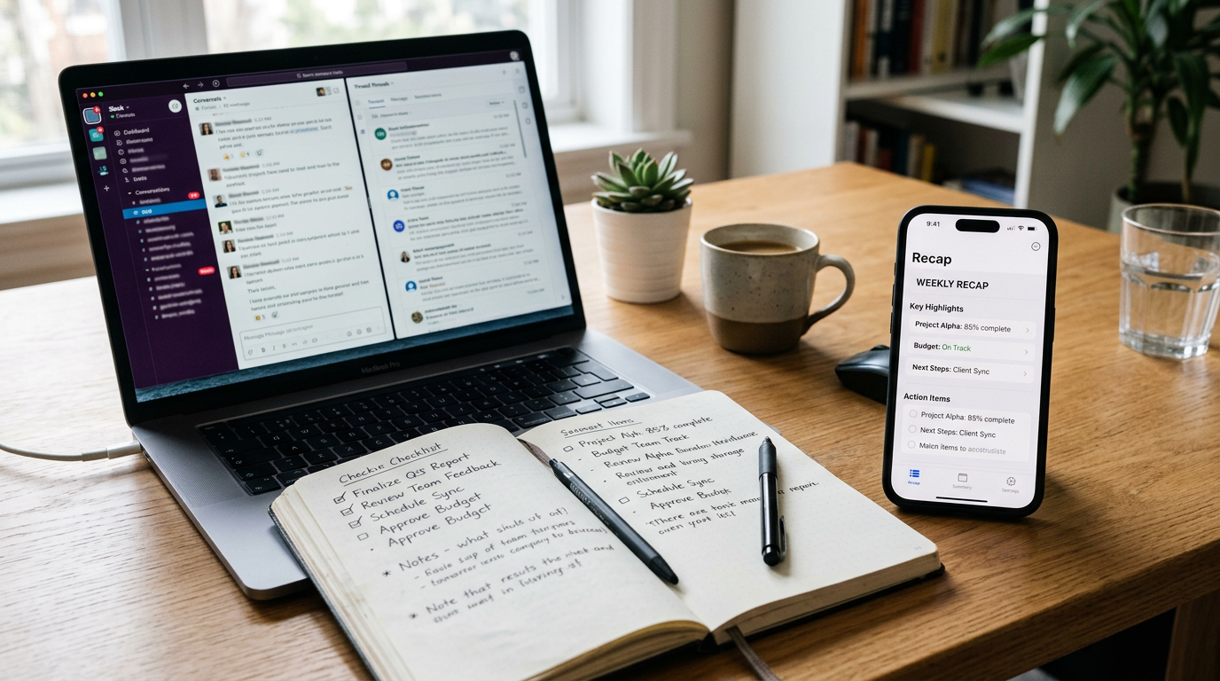 Realistic workspace showing a comparison moment: a laptop with generic conversat...