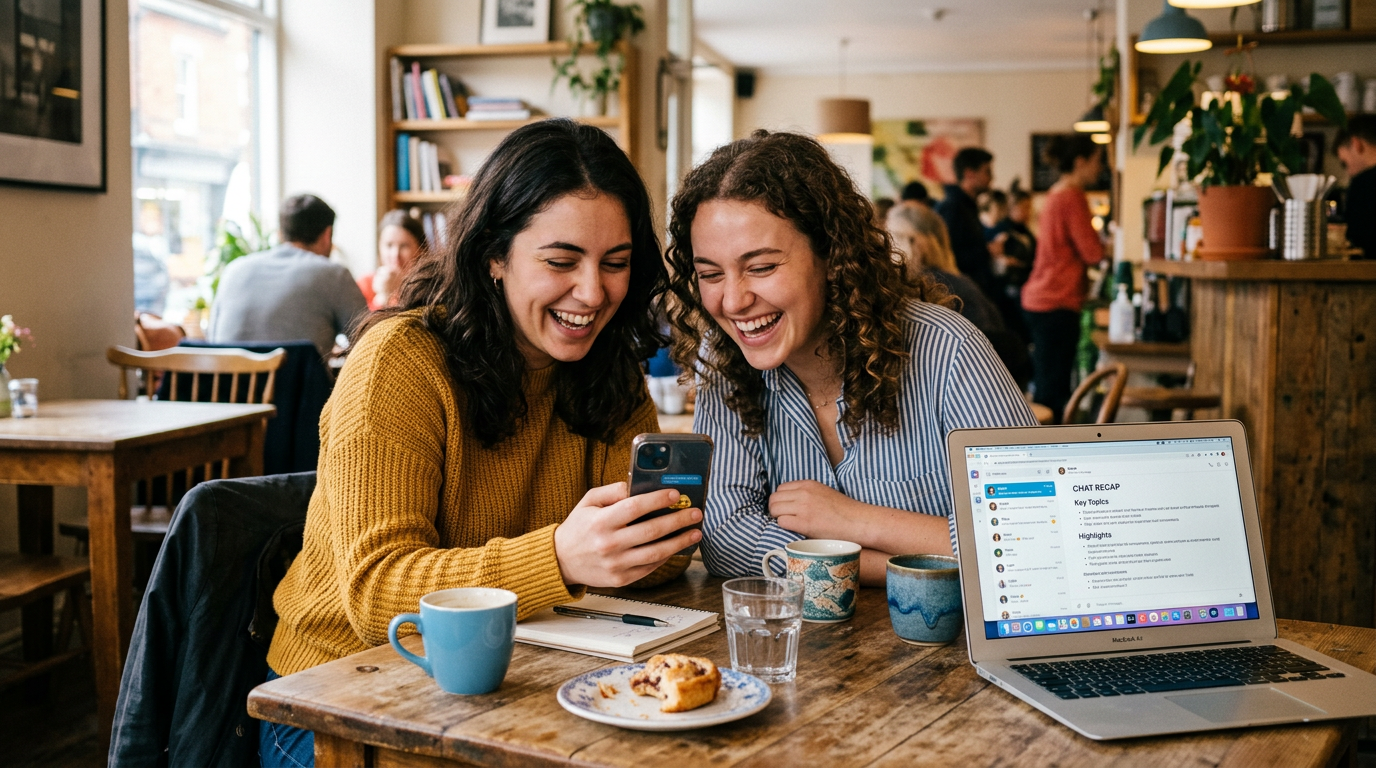 Authentic scene of two friends sitting at a table looking at a phone and laughin...