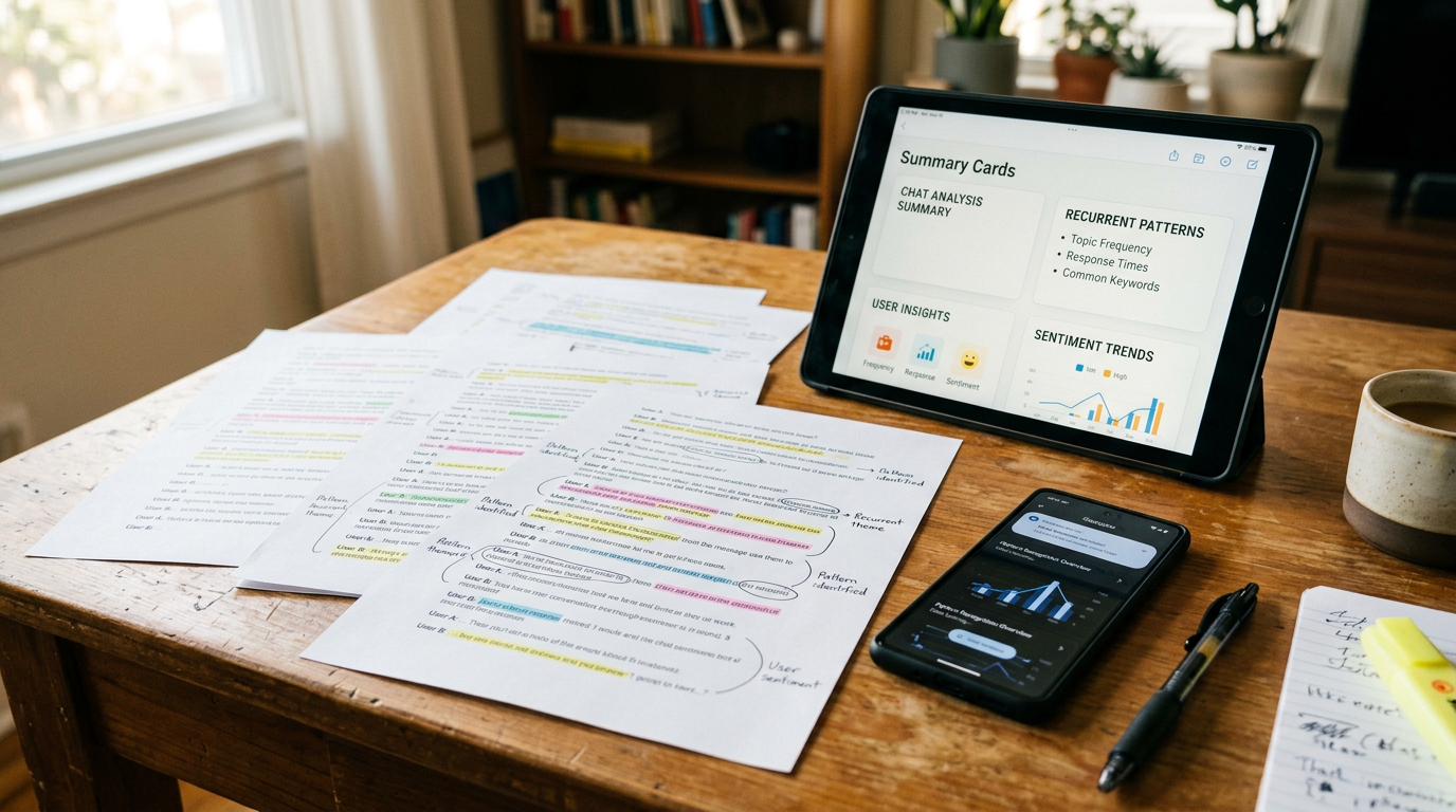 لقطة واقعية مقرّبة لمكتب عليه صفحات محادثة مطبوعة وملاحظات مميزة بالألوان وجهاز ...