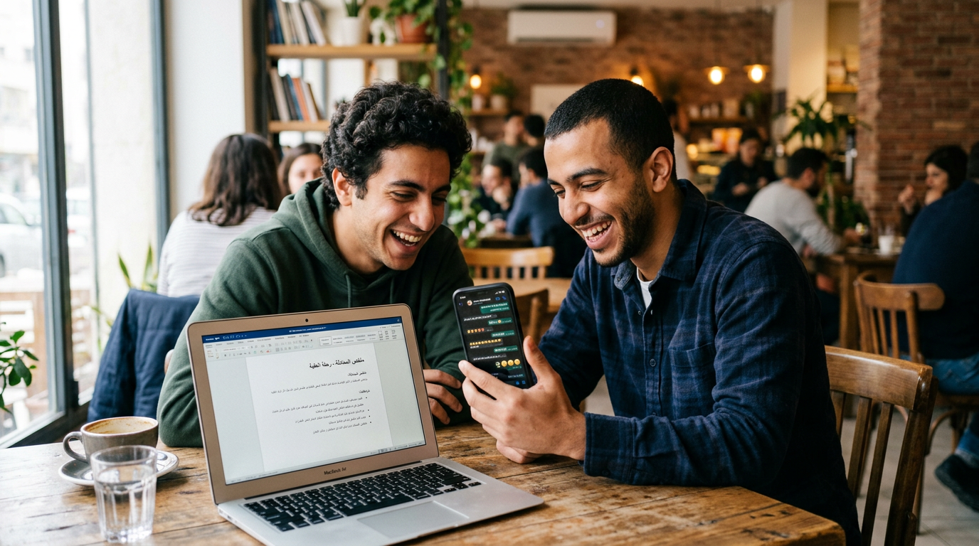 مشهد واقعي طبيعي لصديقين يجلسان إلى طاولة وينظران إلى هاتف ويضحكان أثناء مراجعة ...
